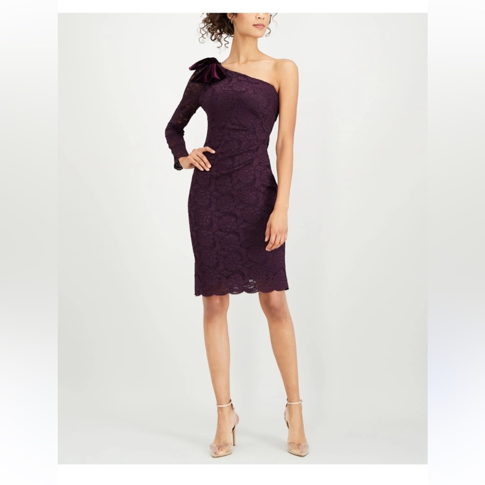 Purple lace dress with bow, one sleeve dress